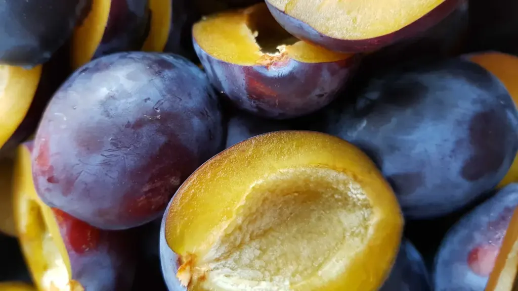 Svaigas tumši violetas plūmju pusītes sagatavotas garšīgam un veselīgam sezonas desertam.