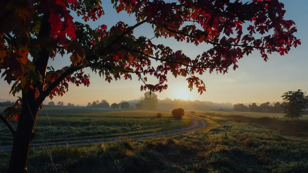 Mierīga rudens ainava ar koku siluetu zelta saulrietā un pļavu Latvijas noskaņās.